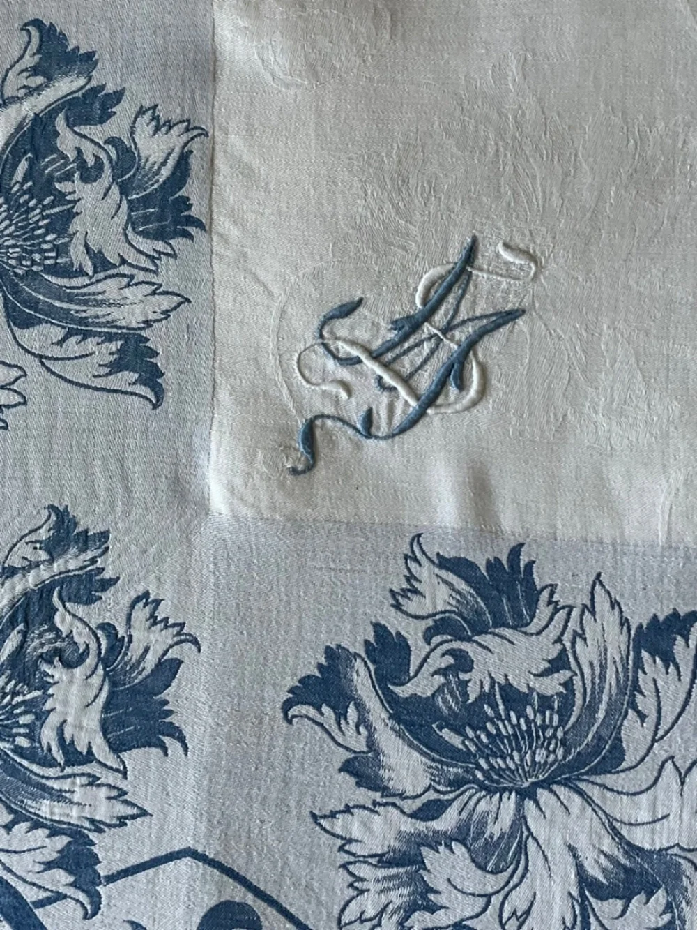 Vintage French Style Floral Damask Tablecloth with Embroidered Monogram MS